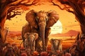 an illustration of an elephant family in the savannah at sunset Royalty Free Stock Photo