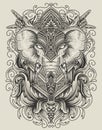 illustration elephant head engraving ornament style with mask Royalty Free Stock Photo