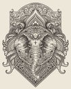 Illustration of Elephant head with vintage engraving ornament Royalty Free Stock Photo