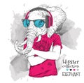 Illustration of elephant hipster dressed up in t-shirt, pants and in the glasses and headphones. Vector illustration.