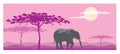 Horizontal banner silhouette elephant savannah, vector illustration cartoon