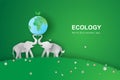 Illustration of elephants in forest,Creative Origami design world environment and earth day. paper cut and craft concept.Landscape Royalty Free Stock Photo