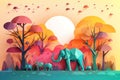 Illustration of elephants in forest, Creative Origami design world environment and earth day paper cut. Generative AI