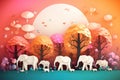 Illustration of elephants in forest, Creative Origami design world environment and earth day paper cut. Generative AI