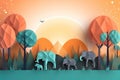 Illustration of elephants in forest, Creative Origami design world environment and earth day paper cut. Generative AI