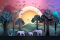 Illustration of elephants in forest, Creative Origami design world environment and earth day paper cut. Generative AI