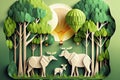 Illustration of elephants in green trees forest,Creative Origami design world environment Royalty Free Stock Photo