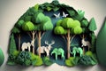 Illustration of elephants in green trees forest,Creative Origami design world environment Royalty Free Stock Photo