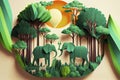 Illustration of elephants in green trees forest,Creative Origami design world environment Royalty Free Stock Photo