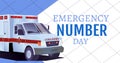 Illustration of emergency number day text and ambulance, copy space Royalty Free Stock Photo