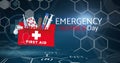 Illustration of emergency number day text and first aid kit, copy space Royalty Free Stock Photo