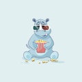 Illustration emoji character cartoon rhinoceros chewing popcorn, watching movie 3D glasses sticker emoticon