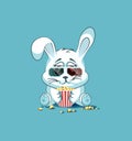 Illustration Emoji character cartoon White leveret chewing popcorn, watching movie in 3D glasses sticker emoticon