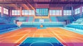 Illustration of an empty basketball court. Modern interior design featuring rings and electronic scoreboards, volleyball