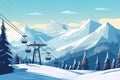 Illustration of an empty ski lift against a background of snowy slopes and a blue sky. Winter landscape of a ski resort. Winter