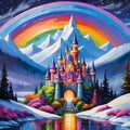 Enchanted colorful castle and rainbow