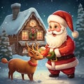 Illustration of an endearing Santa Claus petting a cute Rudolph the Red-Nosed Reindeer. Generative ai
