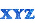 Illustration of the English letters XYZ in a blue pattern on a white background