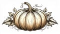 Illustration of an Engraved Pumpkin with Stem and Leaves on White Background Royalty Free Stock Photo