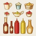 illustration of an engraving style set of different sauces in saucepans and bottles