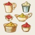 illustration of an engraving style set of different sauces in saucepans.