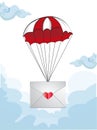 Illustration of envelope with heart stamp flying on parac