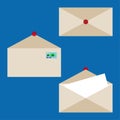 The letter paper enclosed in envelope with postage stamp. Vectors icon on blue background Royalty Free Stock Photo