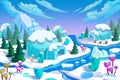 Illustration: The Eskimo Igloo Town. The Bridge, The Ice River, The Ice Mountain, The Ice Flowers, The Green Pine Trees.