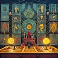 Illustration of esoteric room with mystic symbols, tarot cards and objects for rituals and fortune-telling. Generative AI