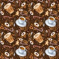 Seamless pattern with different coffee drinks and sweets on dark background. Royalty Free Stock Photo