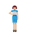 Illustration of European middle-aged woman, brown hair, blue dress, touche screen, with laptop Royalty Free Stock Photo