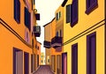 Illustration Of European Street with Warm Yellow Rustic Houses