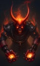 illustration with evil demon with flames and skull