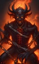 illustration with evil demon with flames and skull