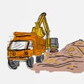 An illustration of an excavator filling mining materials into a dump truck