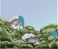 Illustration of the exhibition of the head of David. Parts of the ancient statue lie on mossy mountains. Turquoise color