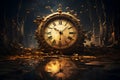 Illustration with an exploding clock, with its pieces scattering amidst a golden haze. It reflects the concept of time shattering Royalty Free Stock Photo