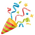 Illustration of exploding party popper with confetti. Decoration for celebration. Royalty Free Stock Photo