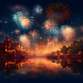 Illustration, explosion of colorful fireworks in the night sky around the lights of houses in the middle of the river. New Y