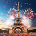 Illustration, explosions, fireworks over eiffel tower. New Year\'s fun and festiv