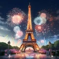 Illustration, explosions, fireworks over eiffel tower. New Year\'s fun and festiv