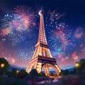Illustration, explosions, fireworks over eiffel tower. New Year\'s fun and festiv