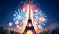 Illustration, explosions, fireworks over eiffel tower. New Year\'s fun and festiv