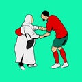 illustration of the expression of joy of a Moroccan boy by holding his mother& x27;s hand