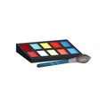 Eye shadow palette with different colors and brush for actor makeup. Facial cosmetic. Beauty theme. Flat vector icon