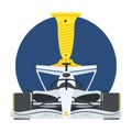 Illustration of a F1 car with a golden cup on the background of a blue circle. Winning the championship