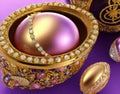 An illustration of FabergÃ© egg with jewels, gold and pearls. Lilac background. Photorealism, extremely detailed, AI Generated