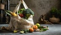 Illustration of fabric reusable shopping bag full of vegetables on kitchen counter. Generative ai