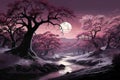 illustration of a fabulous landscape at night, a large tree and the moon, a haze over the river