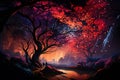 illustration of a fabulous landscape at night, a large tree with red leaves and a river, people walking along the path Royalty Free Stock Photo